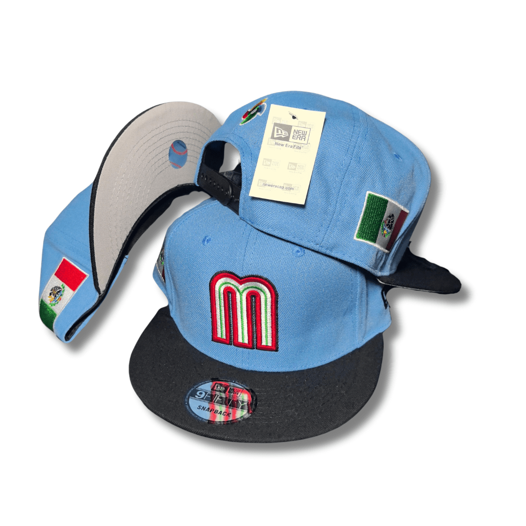 Mexico Baseball Light Blue and Black with Embroidered Logo and Flag Patch Snapback Cap