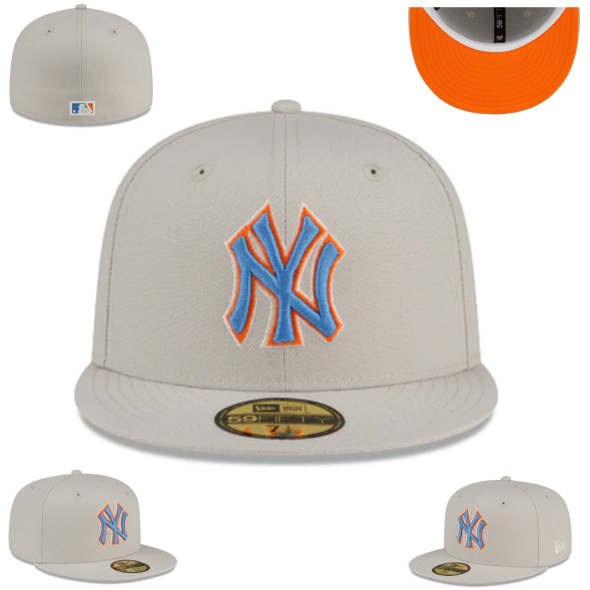 New York Yankees Fitted Hat - Light Gray with Blue and Orange Logo & Bright Orange Undervisor
