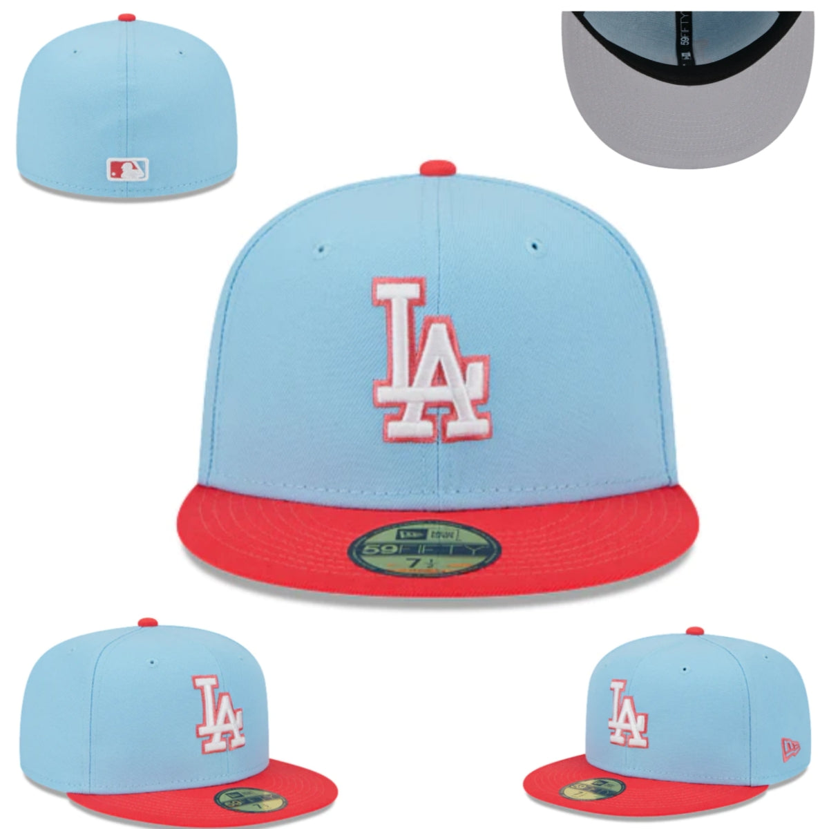 Los Angeles Dodgers Fitted Hat - Sky Blue with Red Brim and White Logo