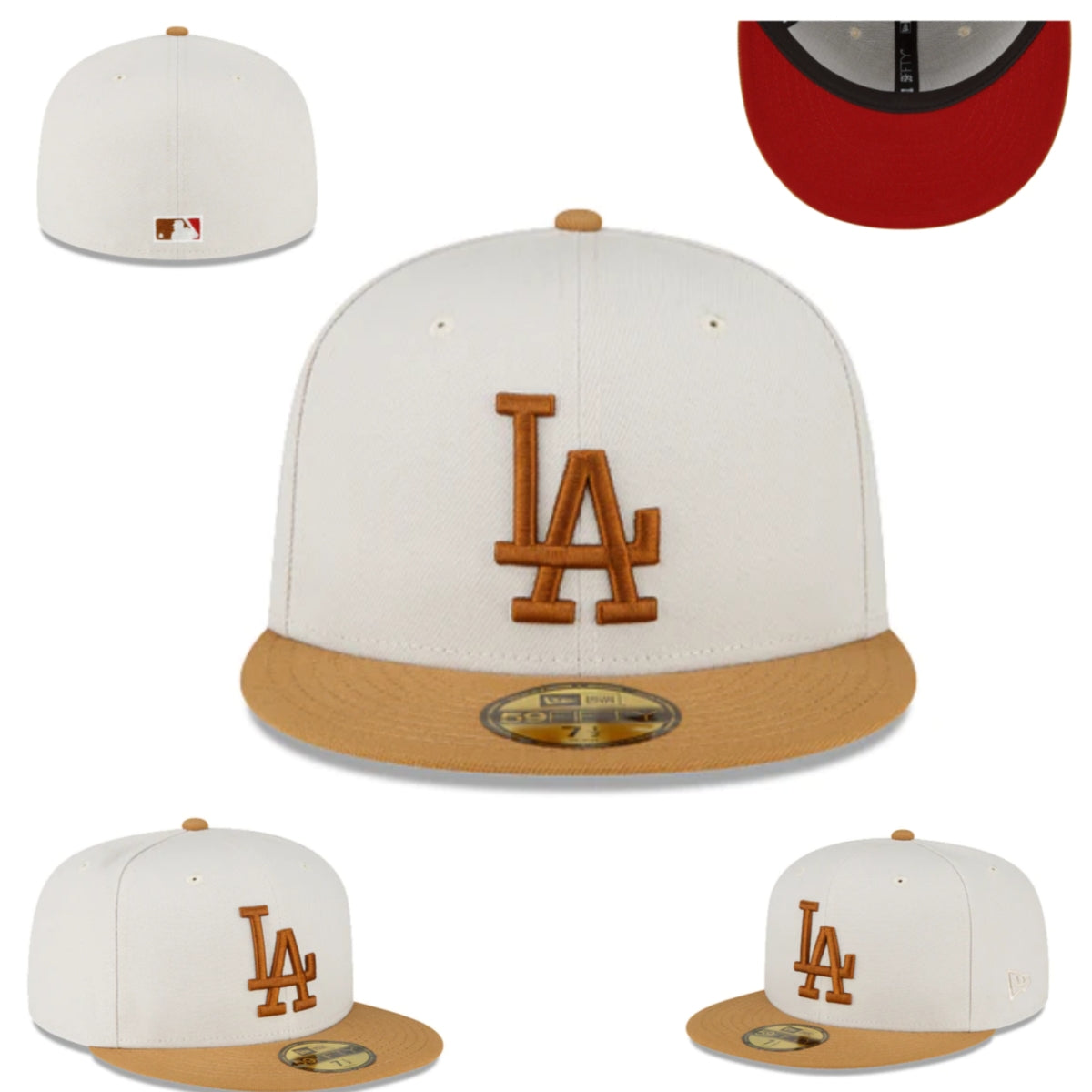 Los Angeles Dodgers Fitted Hat - Cream with Tan Brim, Brown Logo, and Red Undervisor