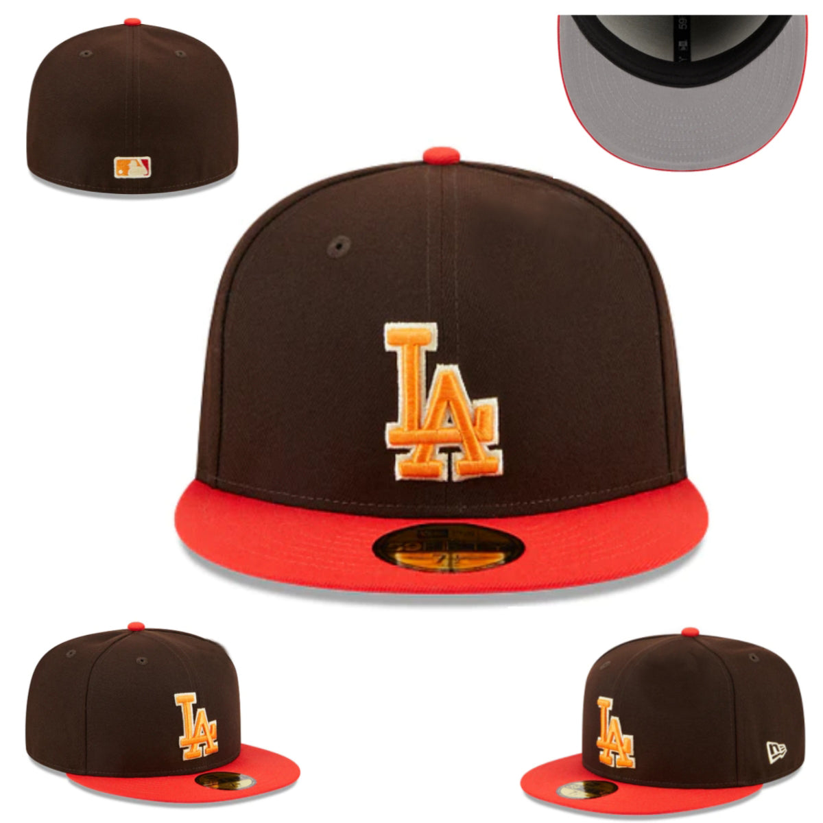 Los Angeles Dodgers Fitted Hat - Brown with Red Brim and Orange Logo