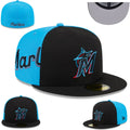 Miami Marlins Two-Tone Black and Blue Fitted Cap with Vibrant Teal and Red Logo - MLB Baseball Hat
