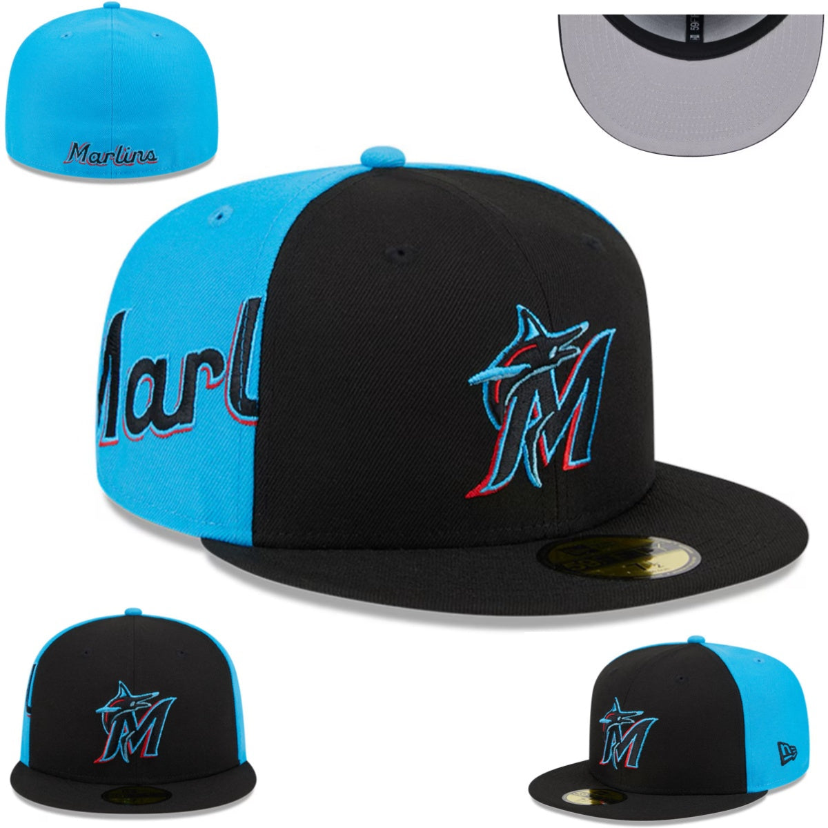 Miami Marlins Two-Tone Black and Blue Fitted Cap with Vibrant Teal and Red Logo - MLB Baseball Hat