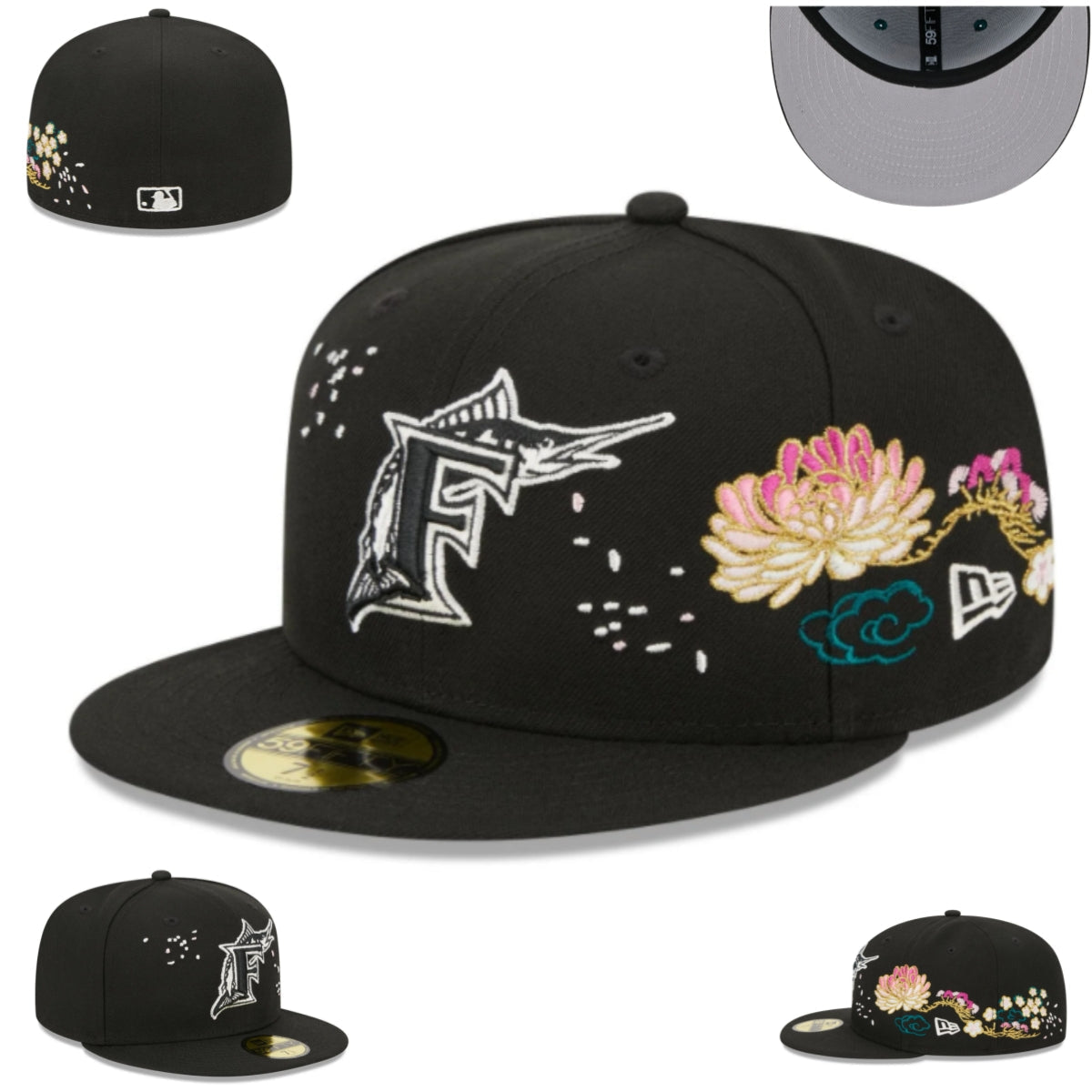 Miami Marlins Floral Embroidered Black Fitted Cap with Logo