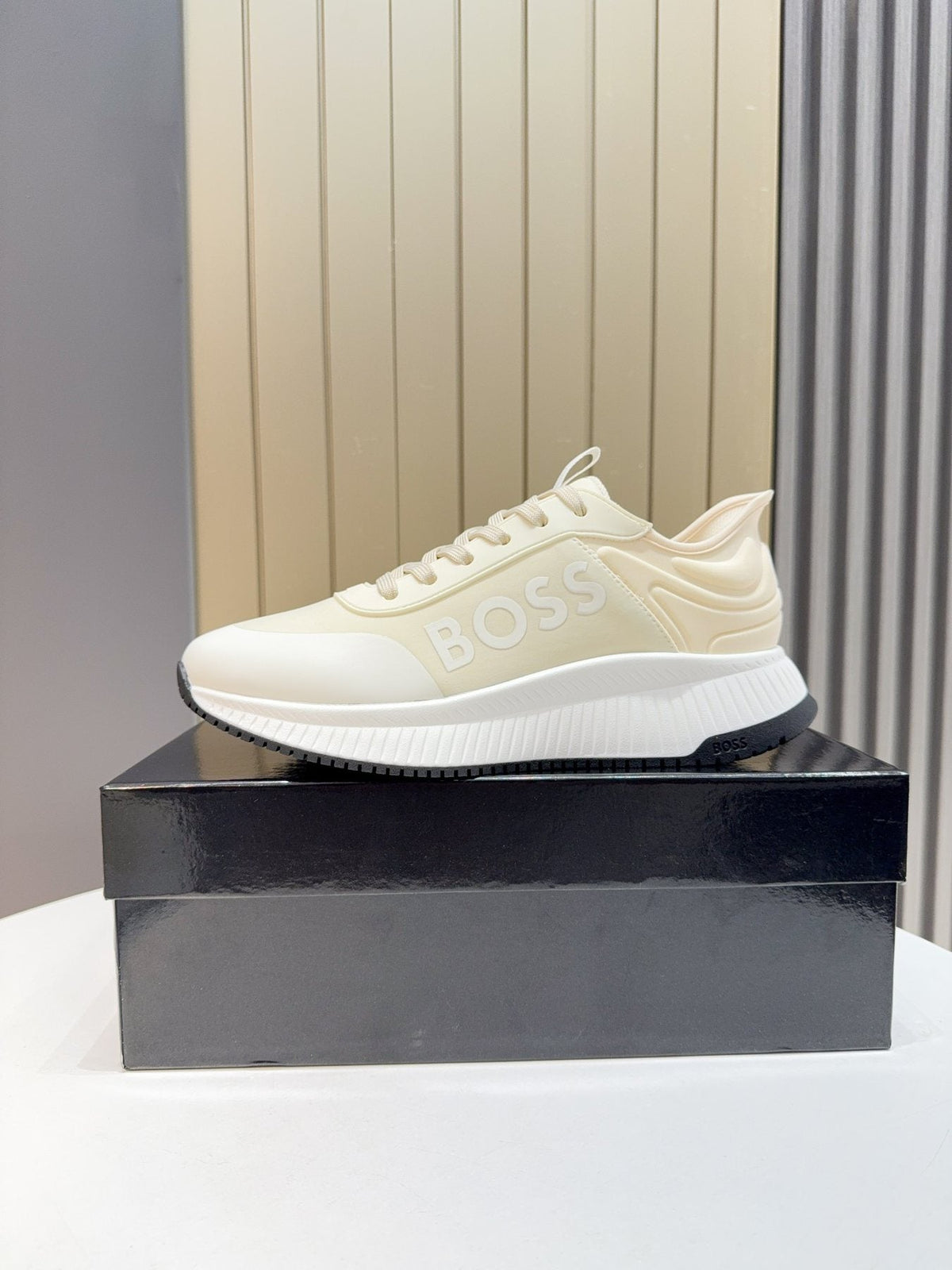 Hugo Boss Cream White Knit Sneakers — side