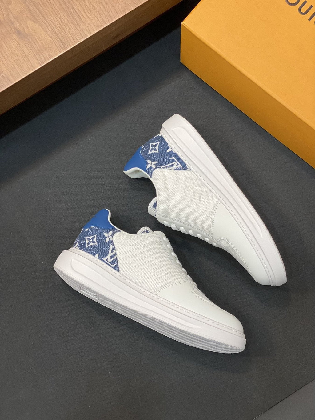 Louis Vuitton White and Blue Low-Top Sneakers — side