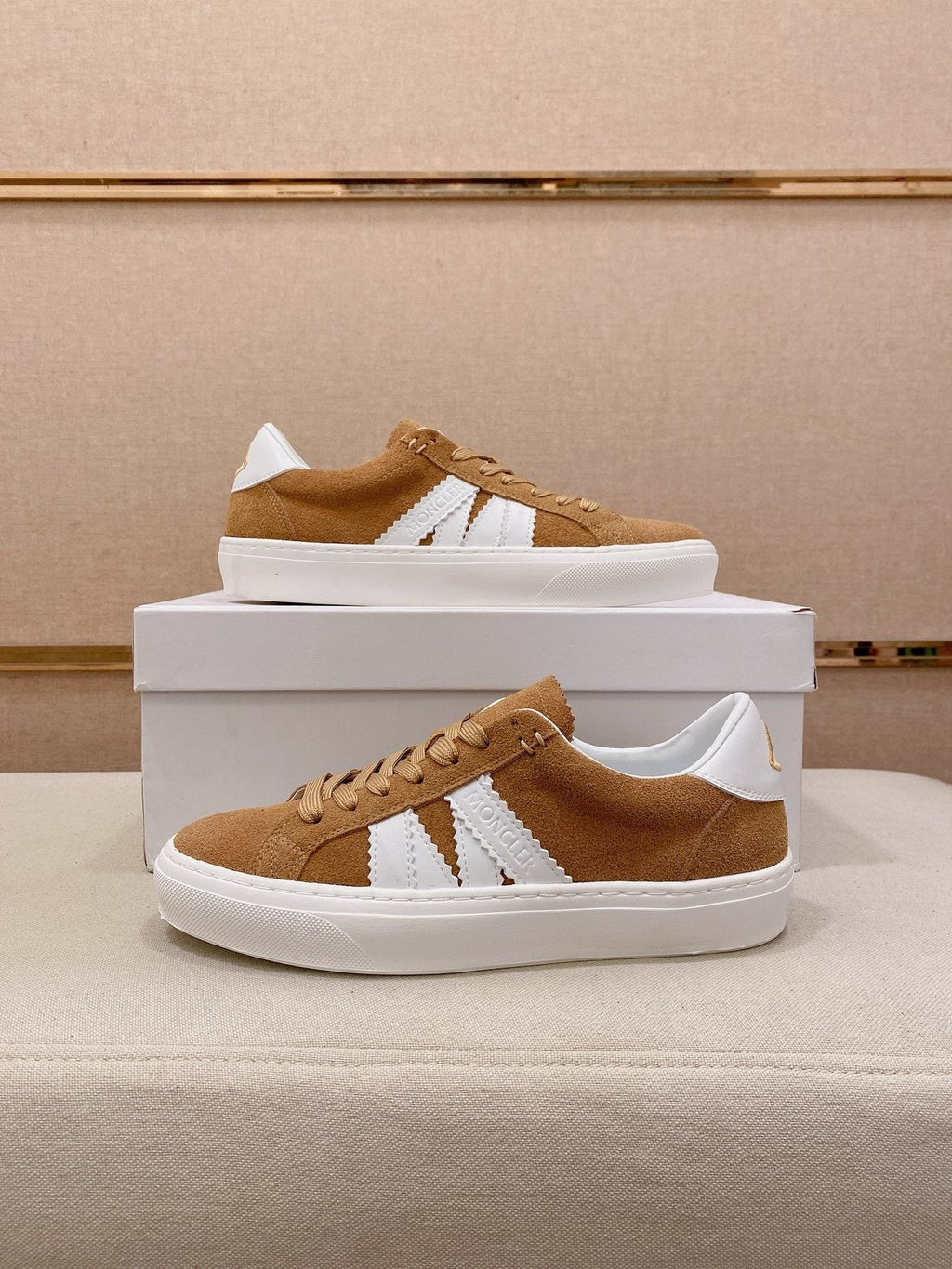 MONCLER Tan and White Stripe Sneakers — side