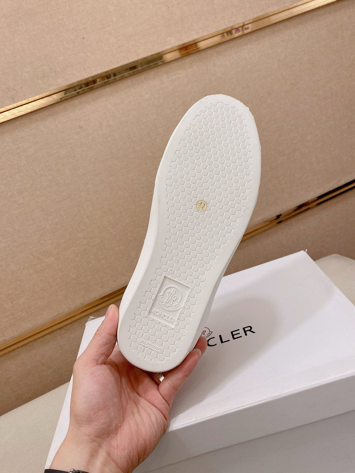 MONCLER Tan and White Stripe Sneakers — detail