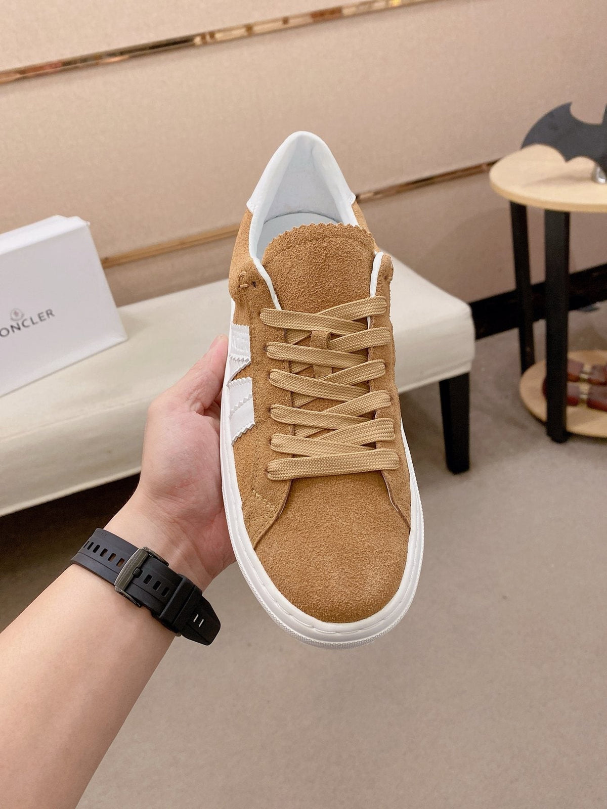 MONCLER Tan and White Stripe Sneakers — front