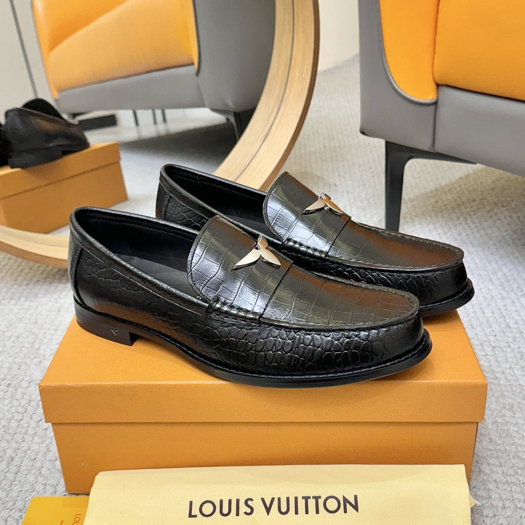 Louis Vuitton Black Embossed Leather Loafers — side