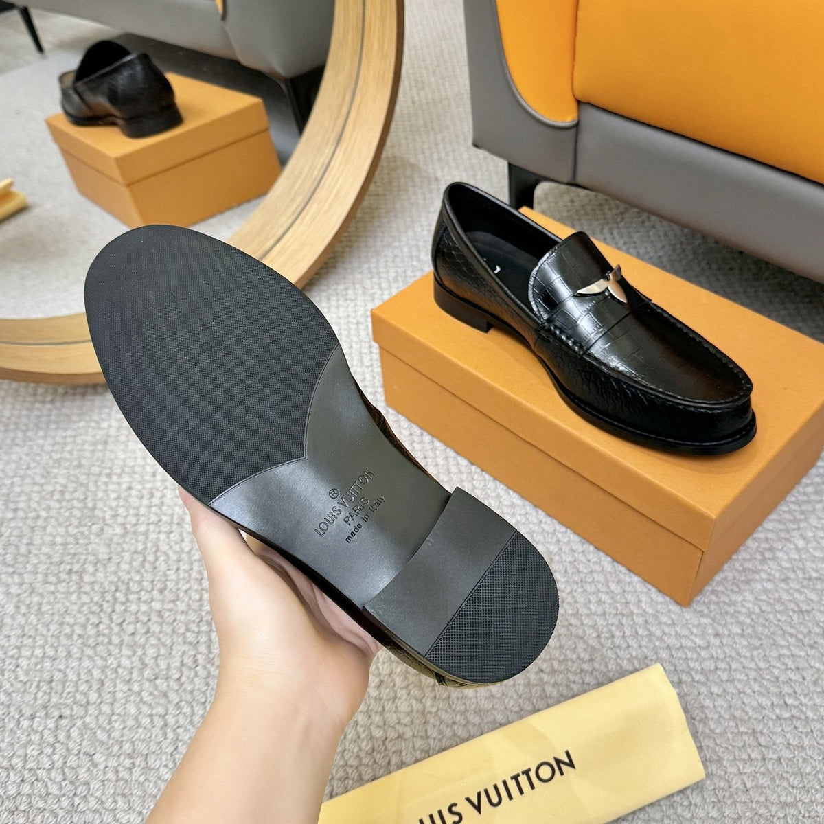 Louis Vuitton Black Embossed Leather Loafers — detail