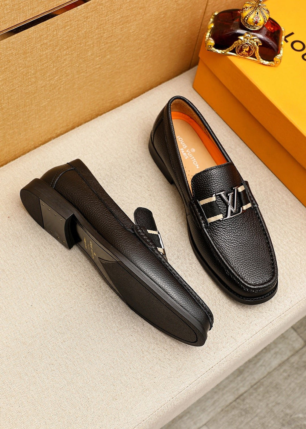 Louis Vuitton Black Pebbled Leather Loafers — front