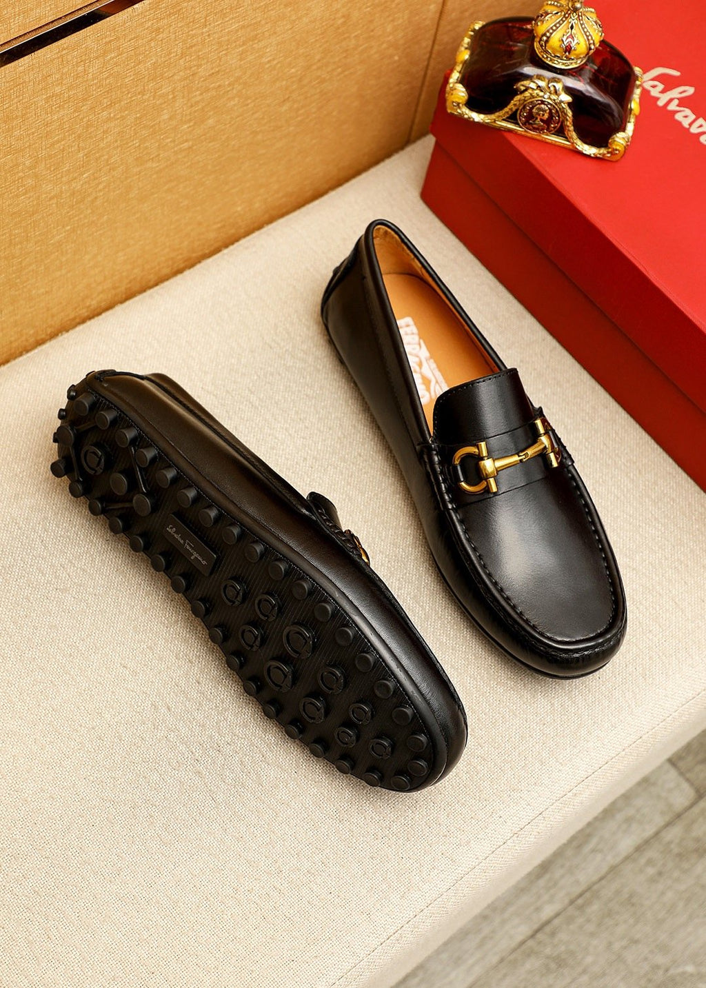 Ferragamo Black Gold-Tone Driving Loafers — side
