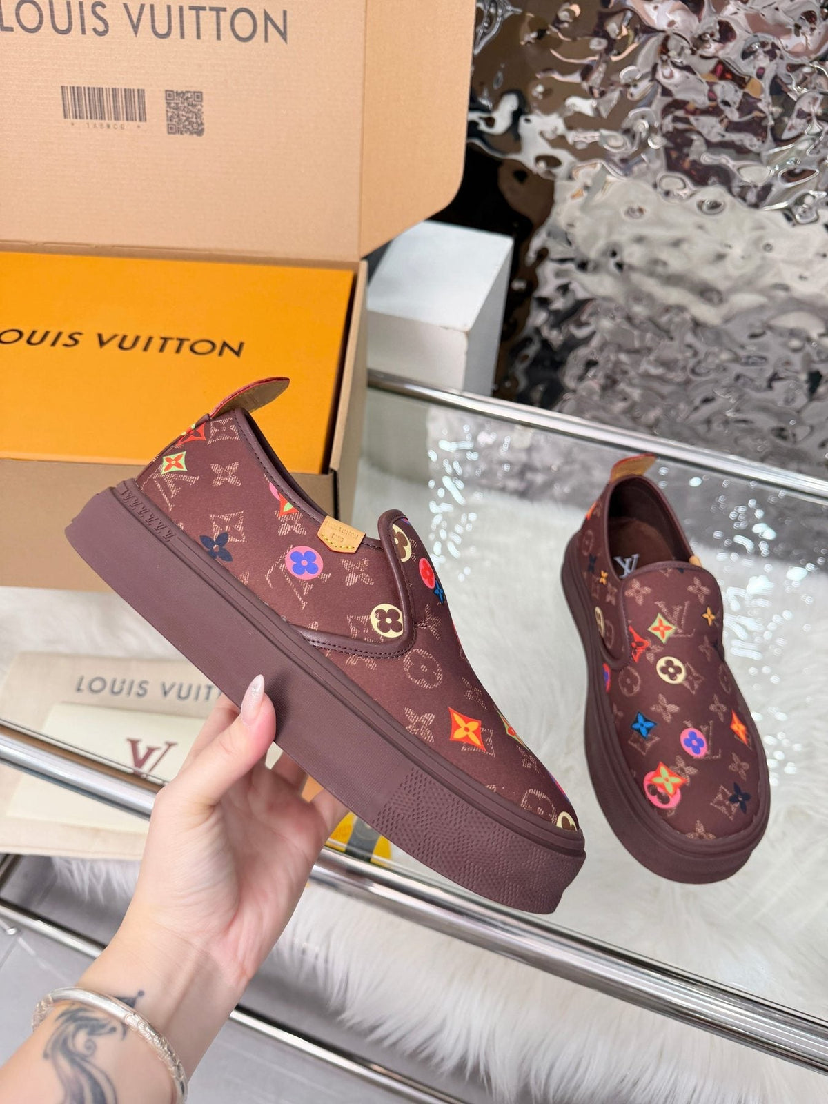 Louis Vuitton Dark Brown Multicolor Motif Slip-On Shoes — side