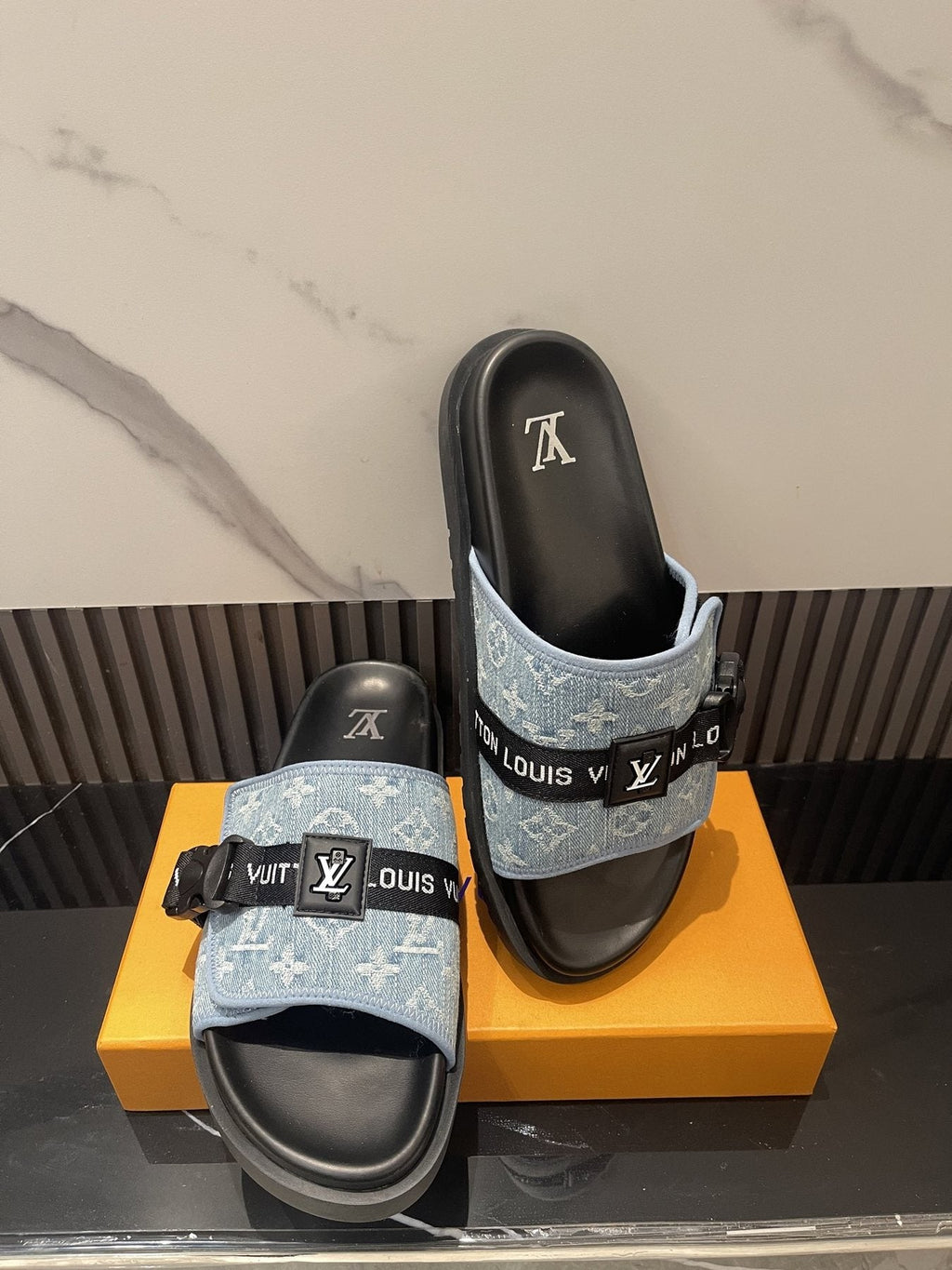 Louis Vuitton Light Blue and Black Slide Sandals — side