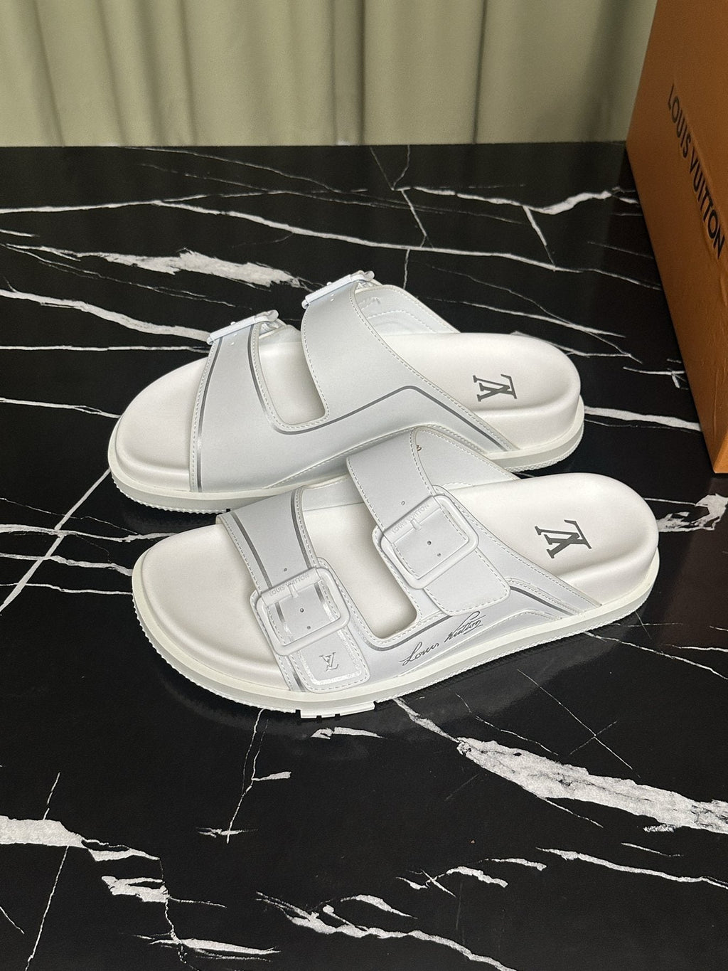 Louis Vuitton White Double-Buckle Slide Sandals — side