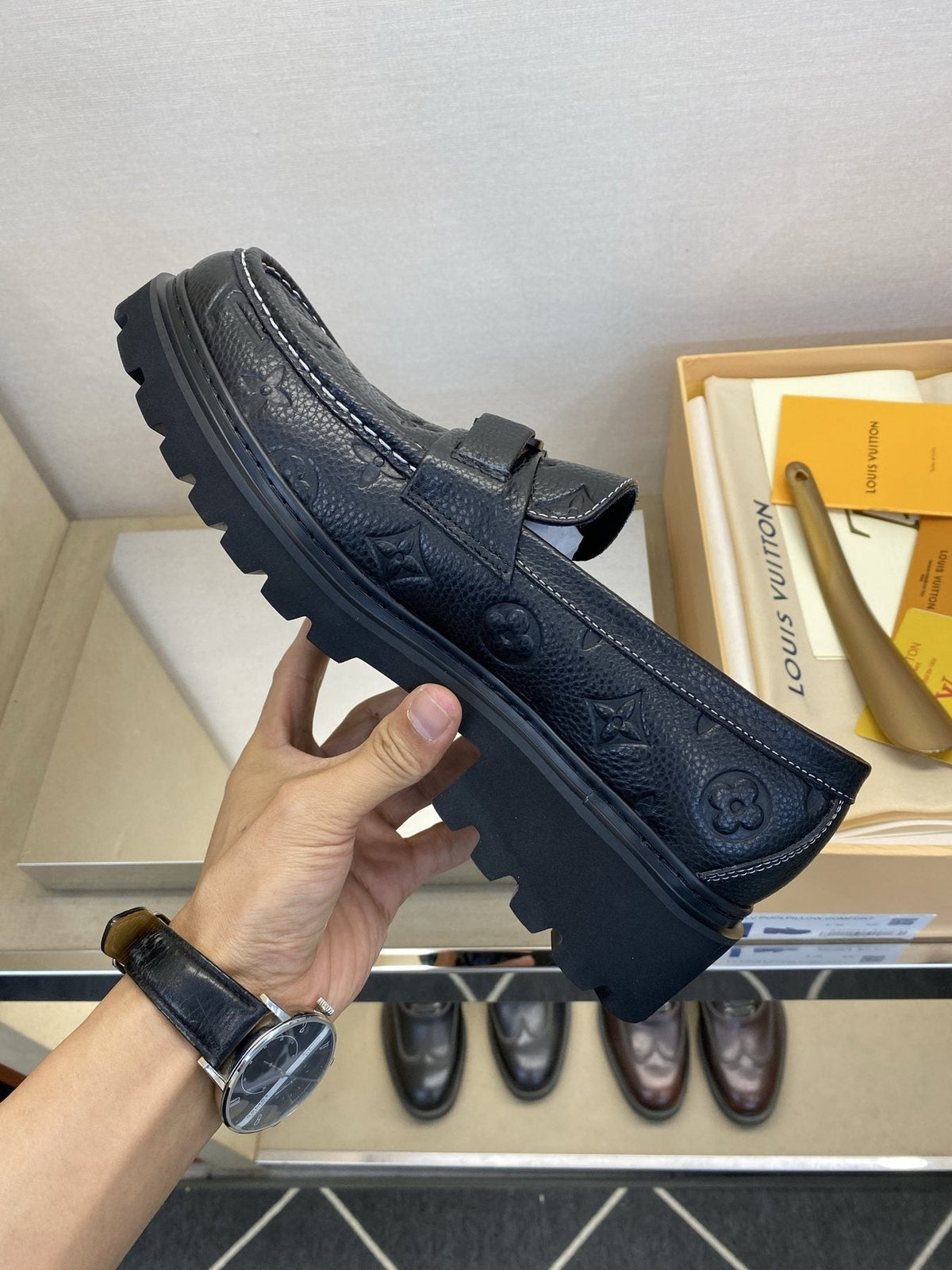 Louis Vuitton Black Monogram Lug Sole Loafers — model