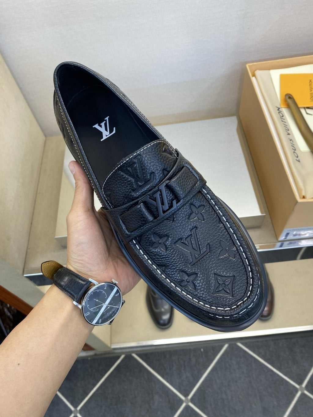 Louis Vuitton Black Monogram Lug Sole Loafers — model
