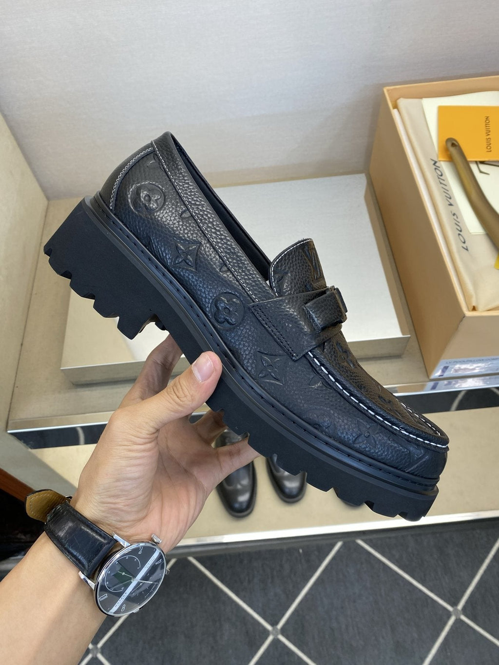 Louis Vuitton Black Monogram Lug Sole Loafers — model