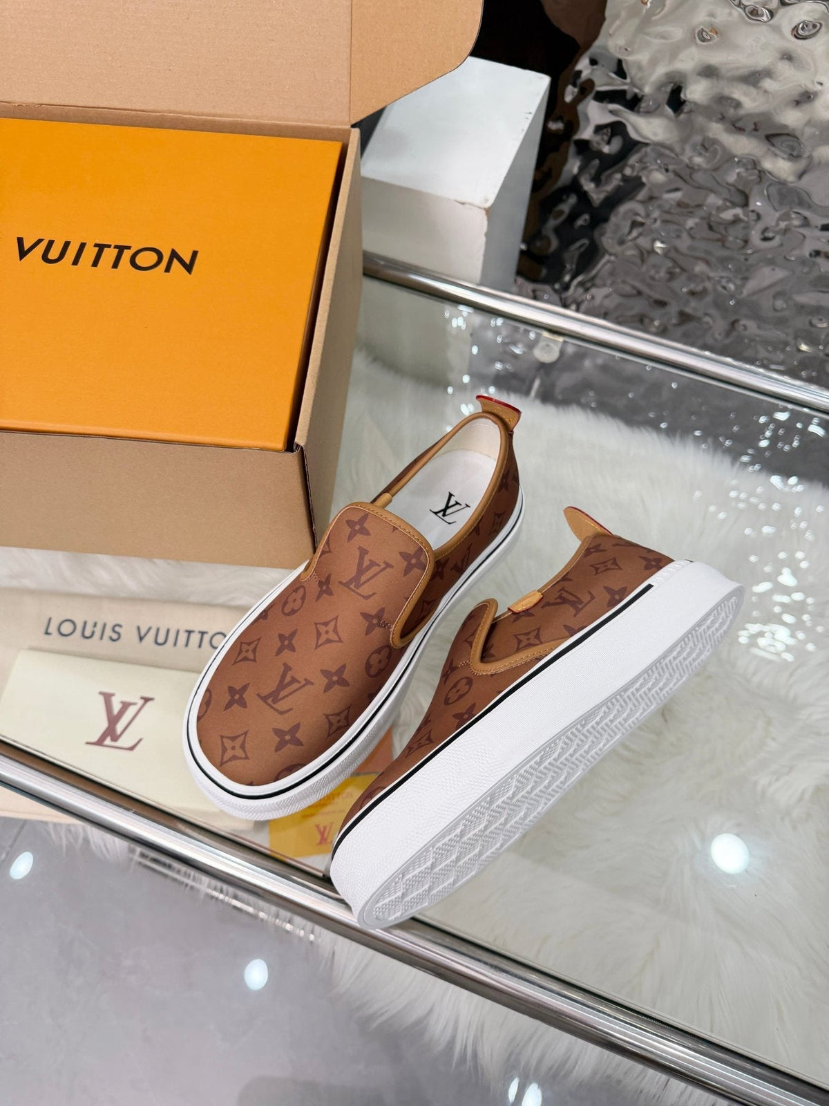 Louis Vuitton Brown Monogram Slip-On Sneakers — side