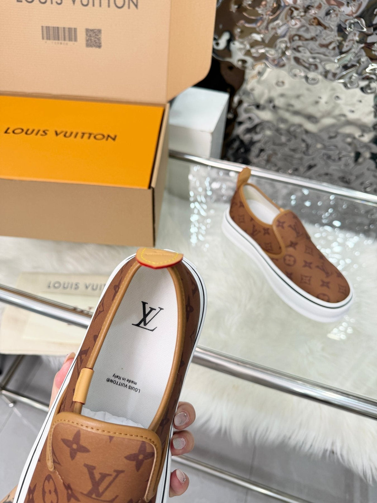 Louis Vuitton Brown Monogram Slip-On Sneakers — model