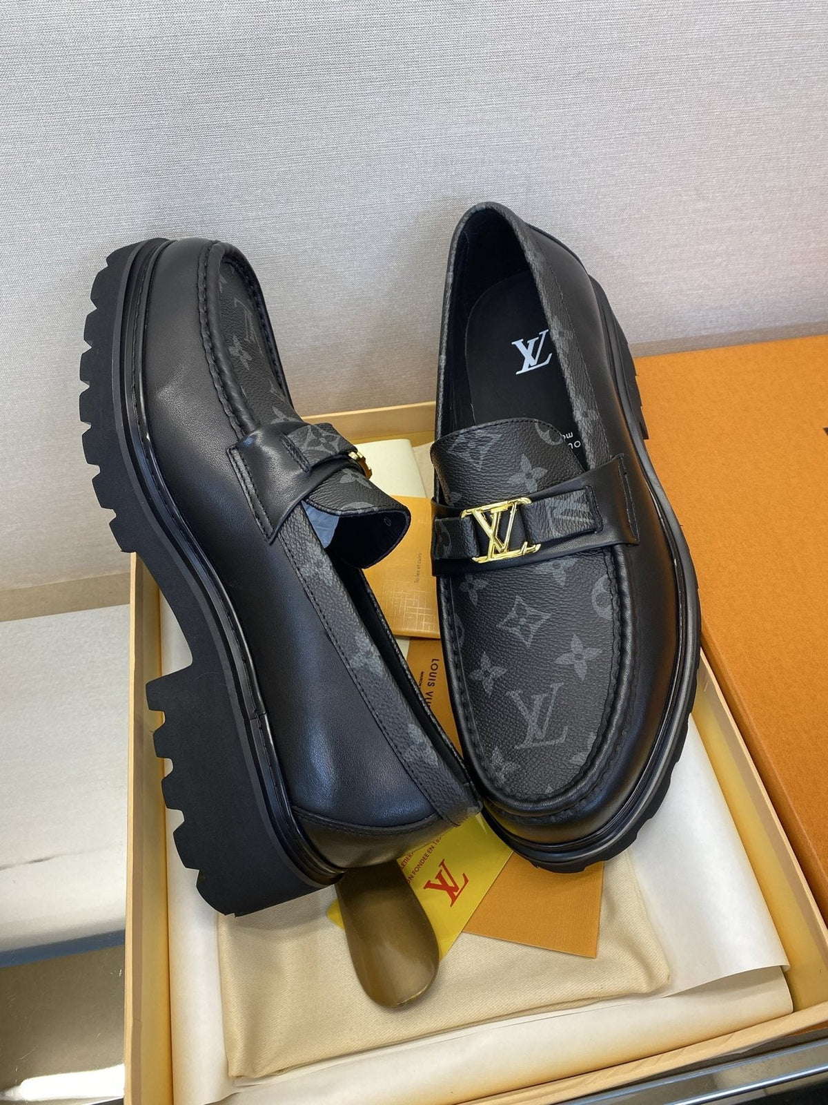 Louis Vuitton Black Monogram Lug Sole Loafers — side
