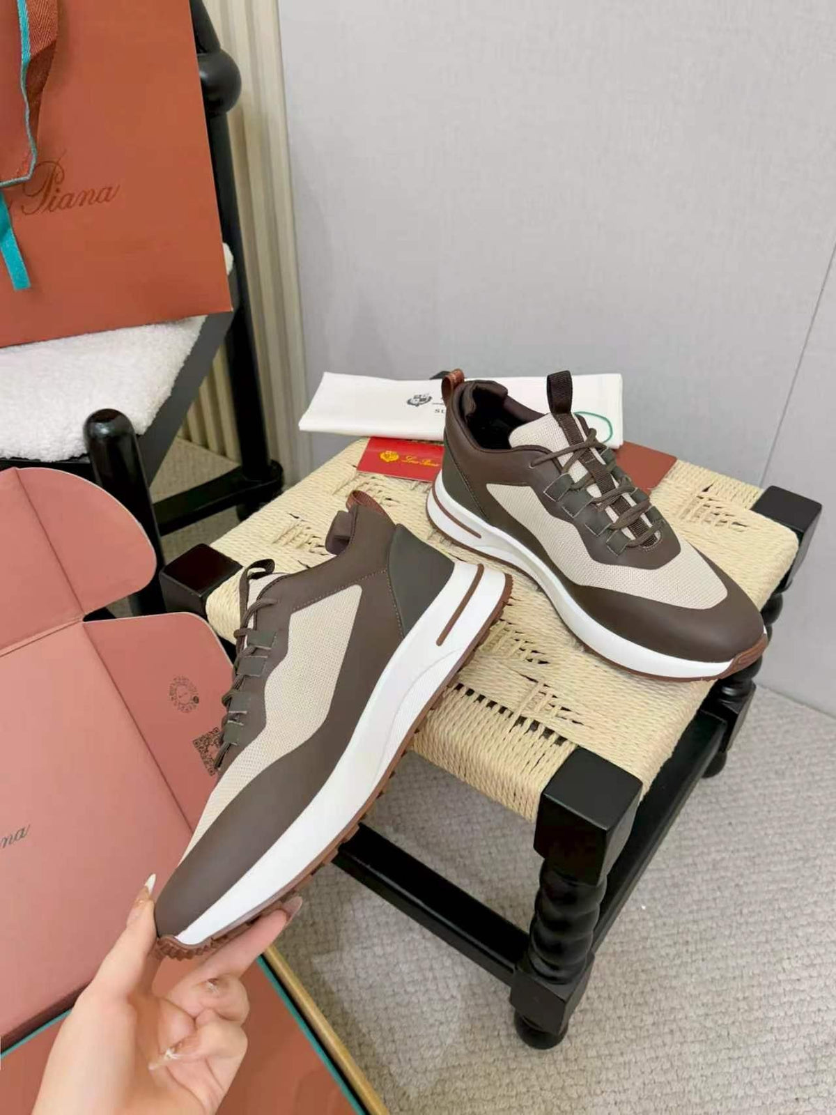 Loro Piana Brown and Cream Low-Top Sneakers — side