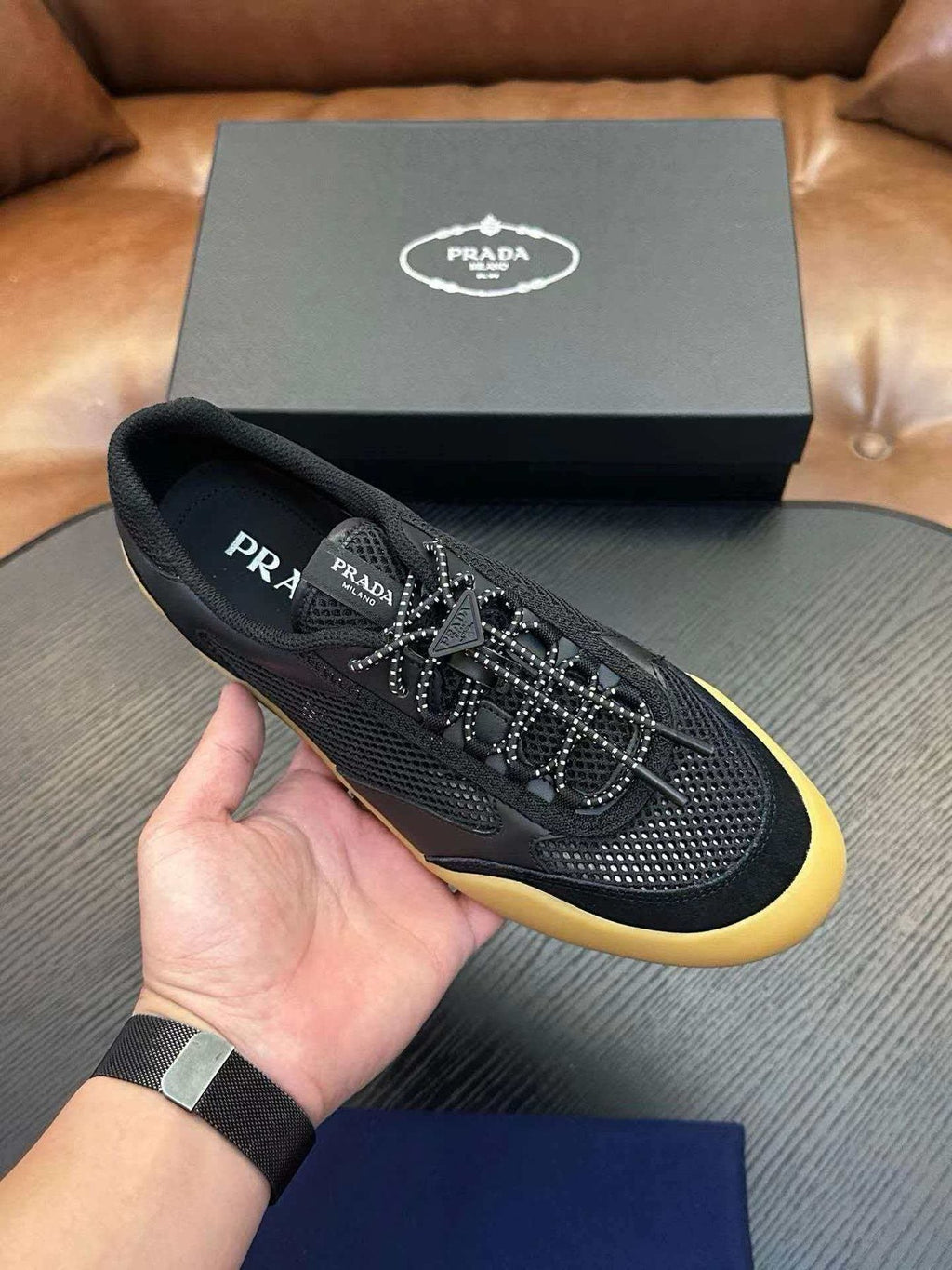 Prada Black Sneakers with Yellow Sole — side