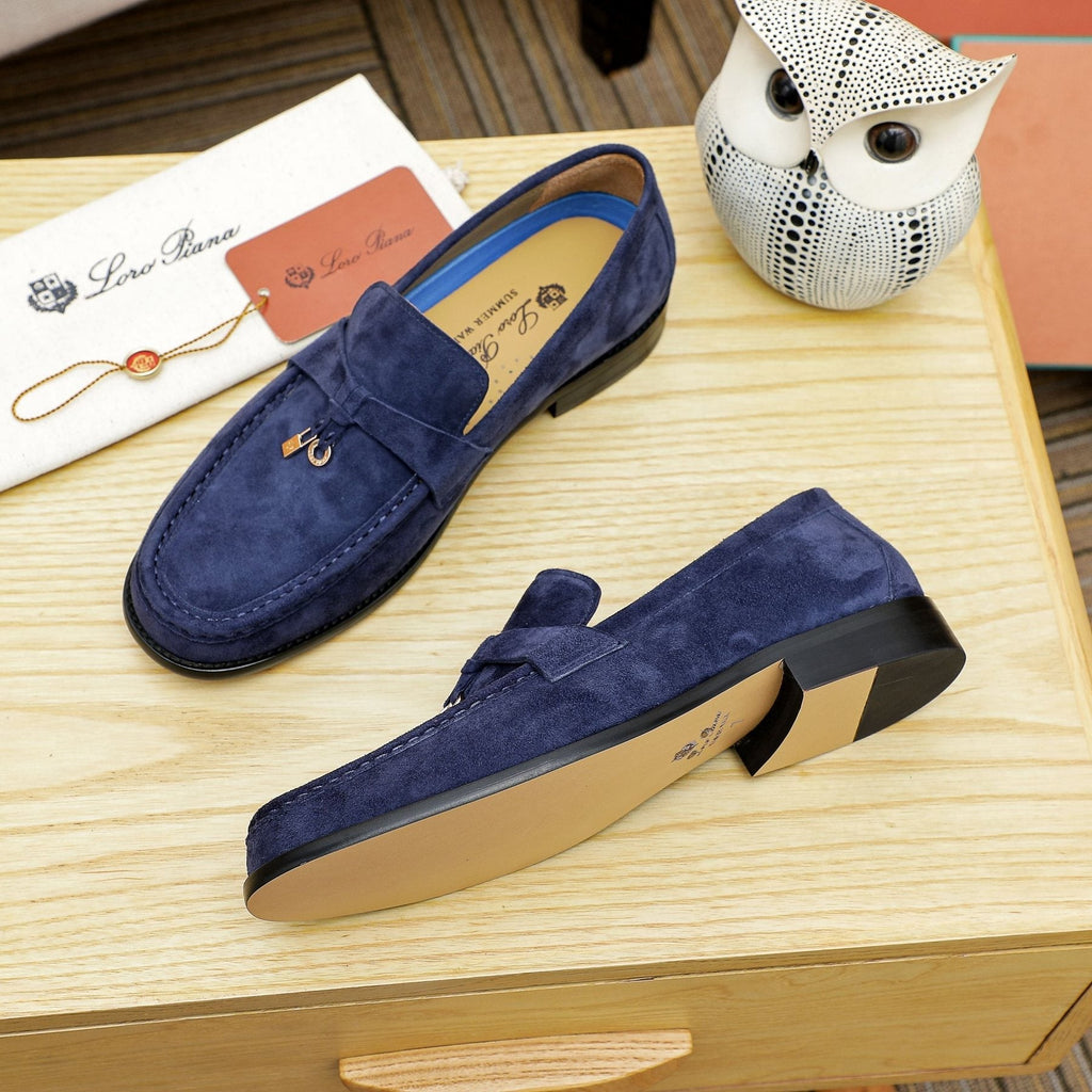 Loro Piana Navy Blue Metal-Bar Loafers — side