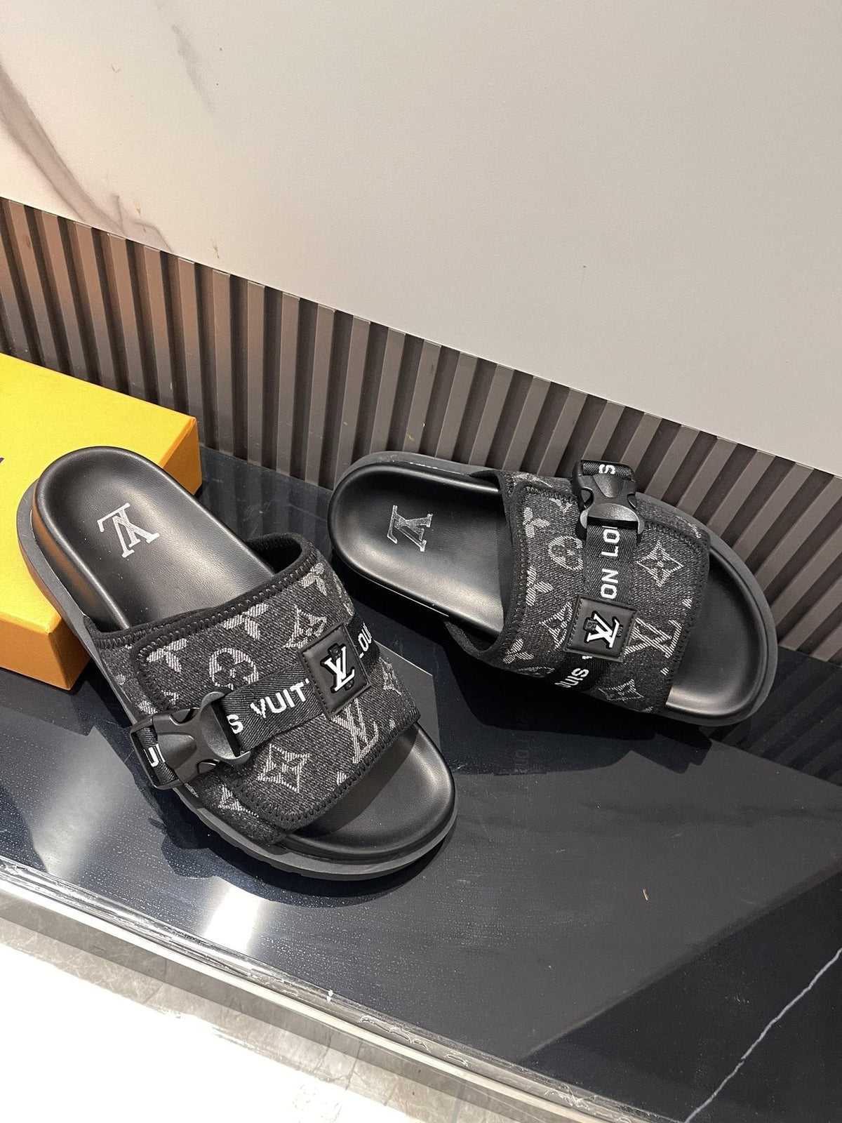 Louis Vuitton Black Monogram Slide Sandals — front