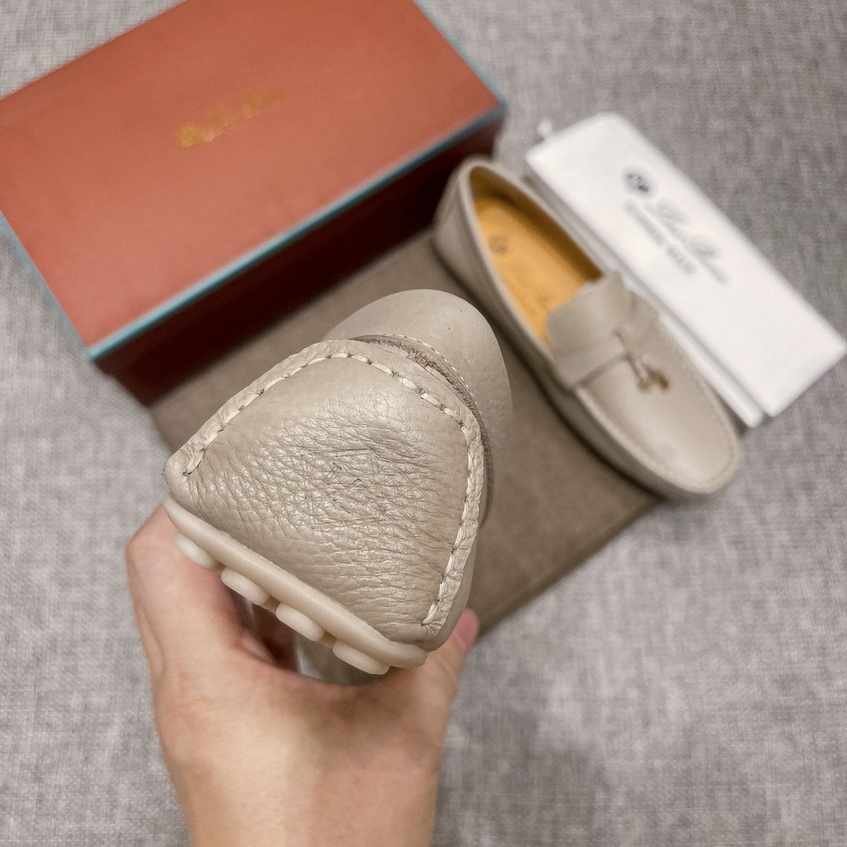 Loro Piana Light Gray Metal-Accent Driving Loafers — detail