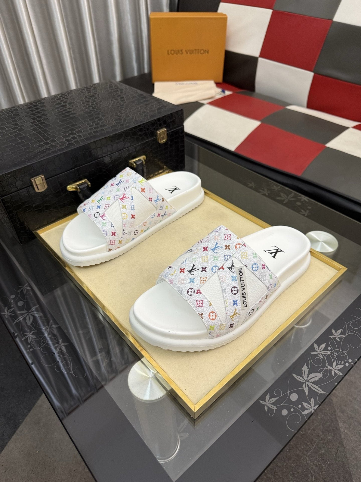 Louis Vuitton White Monogram Print Slide Sandals — hero