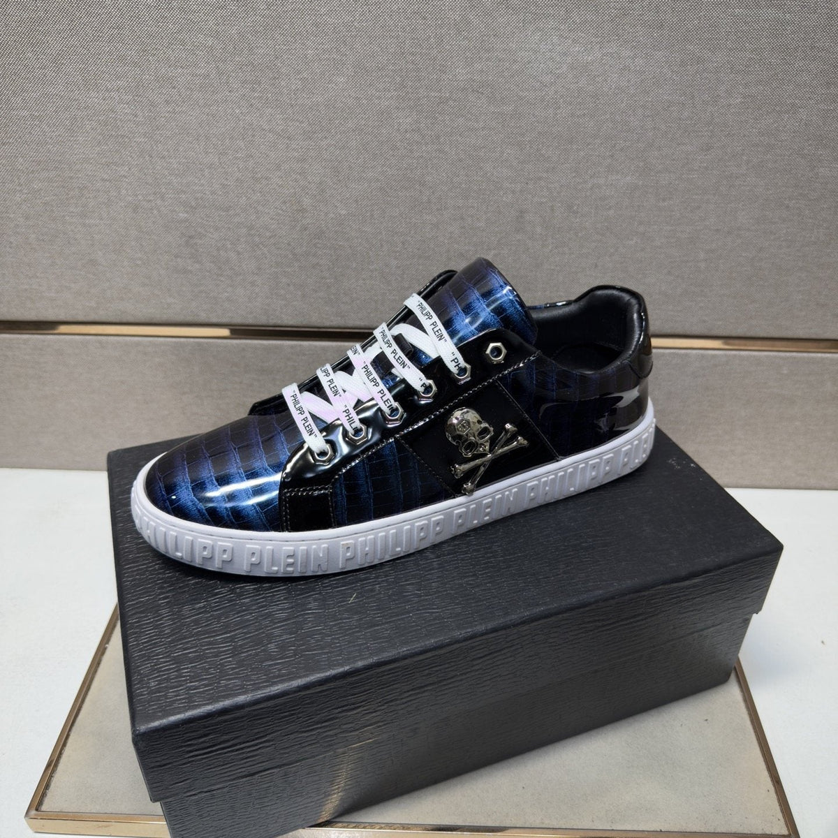 Philipp Plein Black and Gray Plaid Low-Top Sneakers — side
