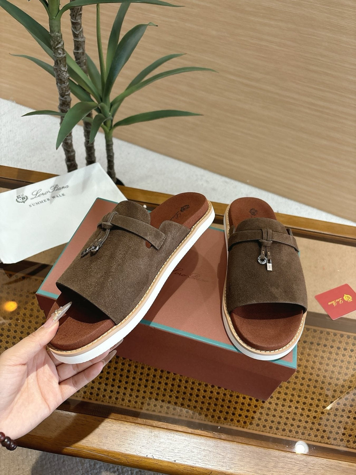 Loro Piana Navy Blue Crisscross Slide Sandals — side