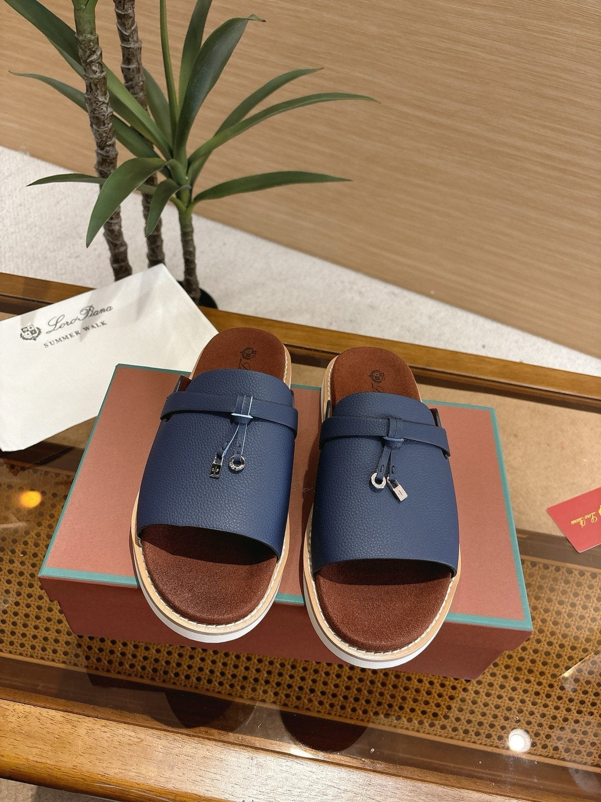 Loro Piana Navy Blue Crisscross Slide Sandals — front