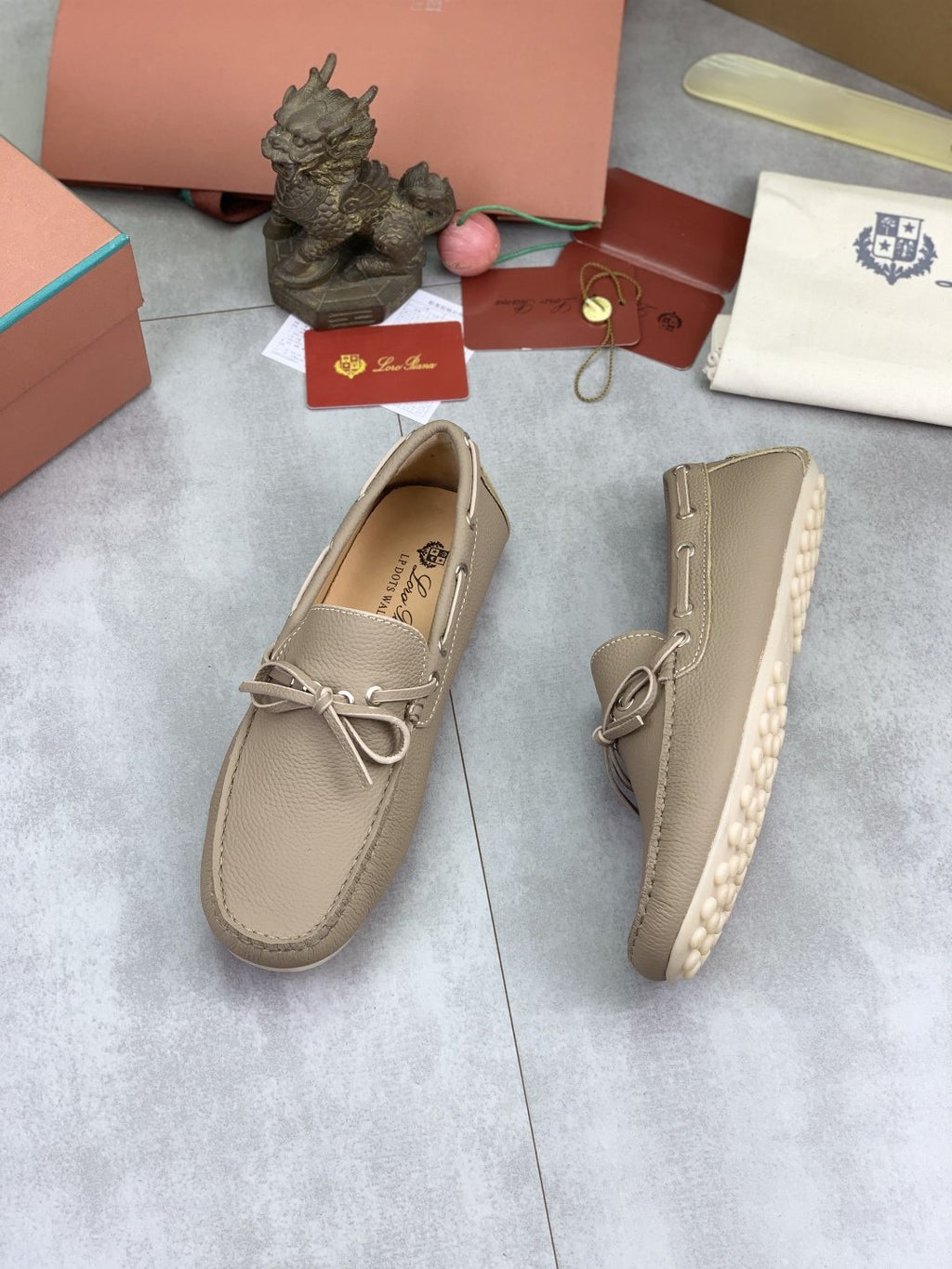 Loro Piana Beige Bow Moccasin Loafers — side